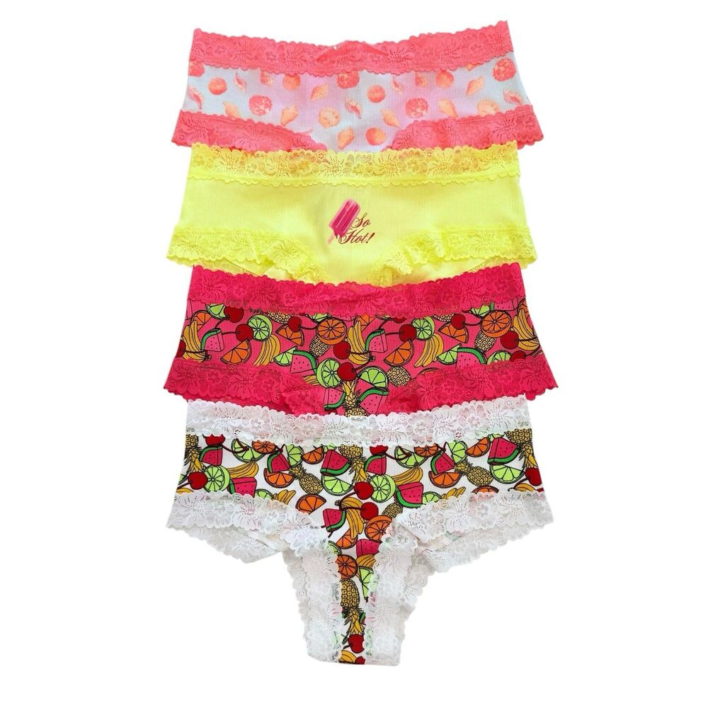 Victoria's Secret PINK Cheeky Lace Panties Women’s Medium M LOT OF 4 Peach Fruit